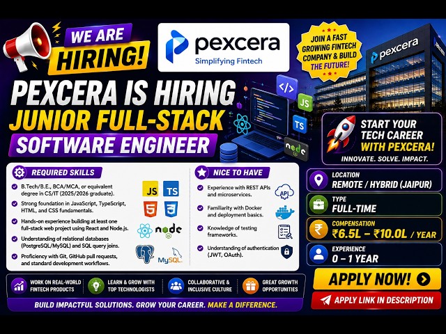 🔥 Pexcera Junior Full-Stack Software Engineer Hiring | 0–1 Year | ₹6.5–₹10 LPA | Apply Now