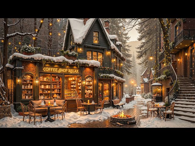 Quiet Winter Coffee Shop Ambience with Snow Falling ☃️ Cozy Winter Jazz Music for Work, Study