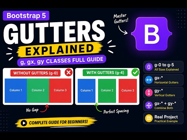 Bootstrap 5 Gutters Explained | g, gx, gy Classes with Practical Examples | Complete Tutorial