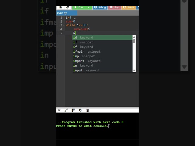 sum of numbers from 1 to 50 using while loop in Python #python programming