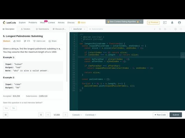Leetcode #5: Longest Palindromic Substring | JS Solution