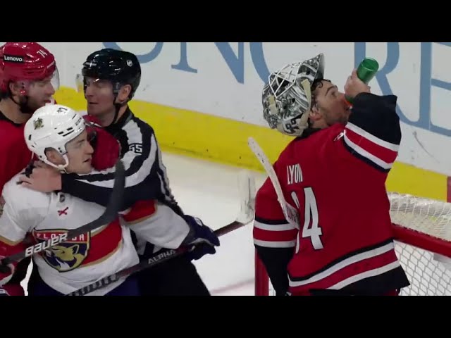 Vatrano goes to Cane's Goalie Alex Lyon not happy with the Interference Penalty