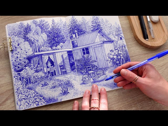 Drawing a Cottage Landscape with 1 ballpoint pen 🖊️/ pen sounds only