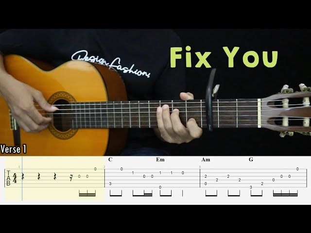 Fix You - Coldplay - Fingerstyle Guitar Tutorial + TAB & Lyrics