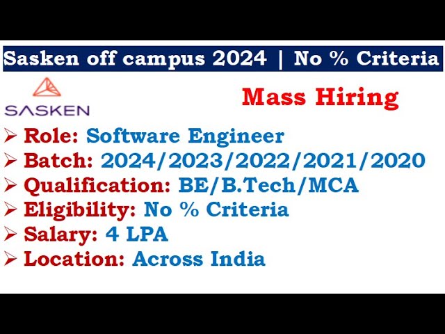 🔥Sasken is hiring 2024/23/22/21/20 batch | No % Criteria | Required Skills? | Selection Process?