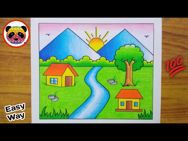 Scenery Drawing / How to Draw Landscape Scenery / Nature Drawing / Scenery Drawing Easy Step By Step