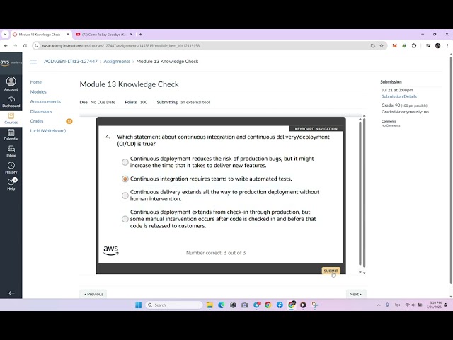 Module 13 Knowledge Check | Automating Deployment Using CI/CD Pipelines | AWS Cloud Developing