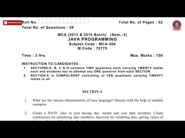 MCA 3RD SEM JAVA PROGRAMMING MAY 2019 | PTU