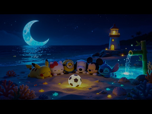 Lighthouse Night Sleep Music 🌊 Cute Characters Sleeping on the Beach | Ocean Sounds for Deep Sleep