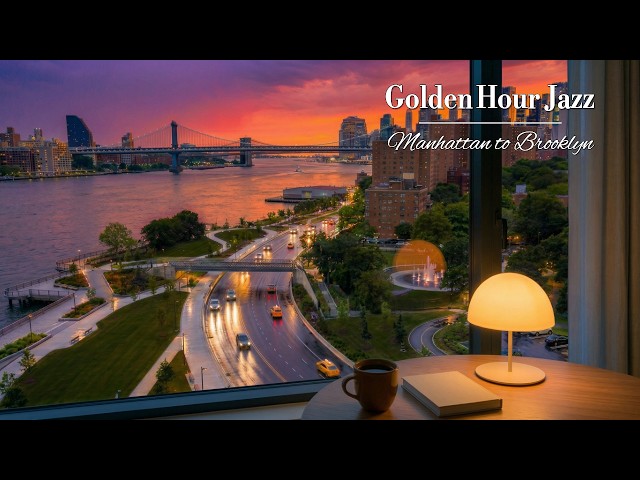 Manhattan Bridge Golden Hour River View, East River Burning with Jazz 🎷| Jazz Playlist by the Window