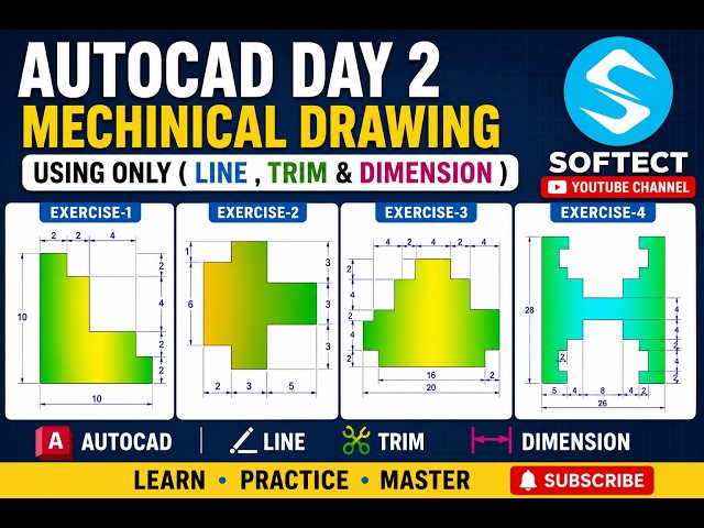 AutoCAD Day 2 | Mechanical Drawing Practice Exercises 1-4 | Line, Trim & Dimension Commands | Tamil