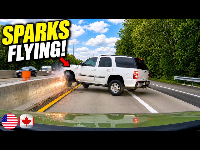 White SUV Driver Brakes Hard & Slams Into Highway Barrier...(CAUGHT ON CAMERA)