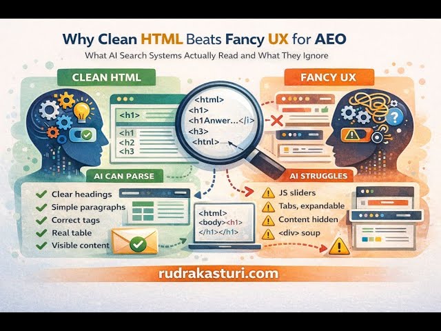 Why AI Trusts Clean HTML More Than Fancy UX | AEO Explained #aeo #aiseo #seo #geo #rudrakasturi