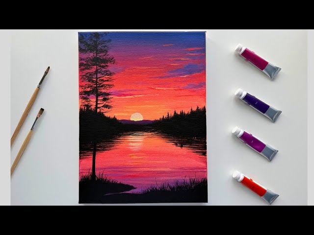 Easy Sunset Lake Acrylic Painting Tutorial | Step by Step Landscape