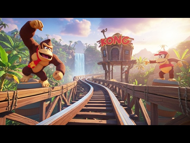 DONKEY KONG! Barrel Launch Mine Coaster! Jumps Tracks and Flies! (POV, Front Seat)