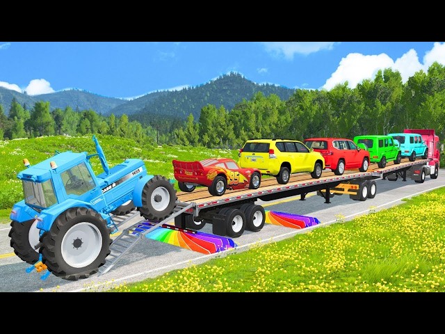 TRANSPORTING PIXAR CARS & FRUITS WITH COLORED & JOHN DEERE vs CLAAS vs TRACTORS - BeamNG.drive #983