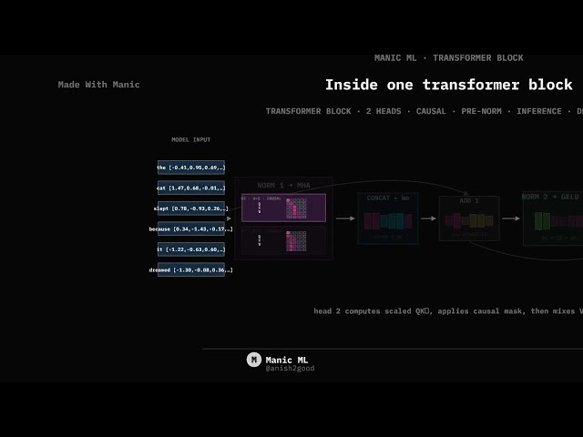 Inside One Transformer Block — Attention, Residuals and MLP Visualized in Manic