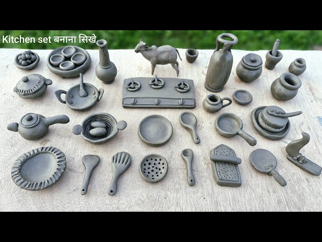 🍽Kitchen set mitti☕️how to make miniature kitchen set with clay/new design kitchen set video/bartan