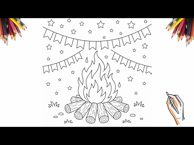 How to Draw an Easy Bonfire for Festa Junina 🔥 | Step-by-Step Coloring Drawing