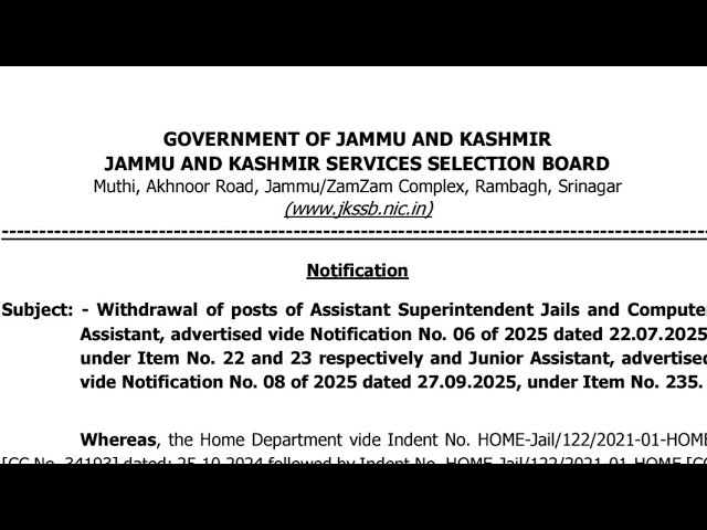Jkssb withdraws Junior Assistant,Computer operator and other posts !