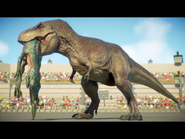 TYRANNOSAURUS REX VS ALL LARGE AND MEDIUM DINOSAURS IN THE PADDOCK - JURASSIC WORLD EVOLUTION 2