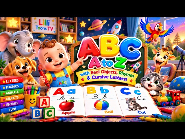 ABC SONG FOR KIDS | Learn A to Z with Real Objects, Rhymes & Cursive Letters