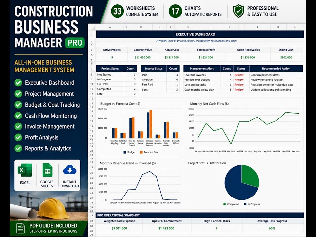 Construction Business Manager PRO | Excel & Google Sheets Template | Full Demo & Features