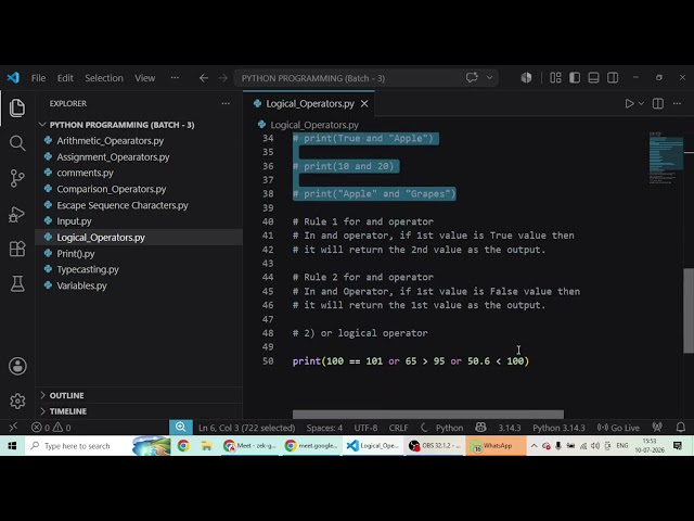 Logical or & not Operator, Membership Operator, Identity Operator in Python
