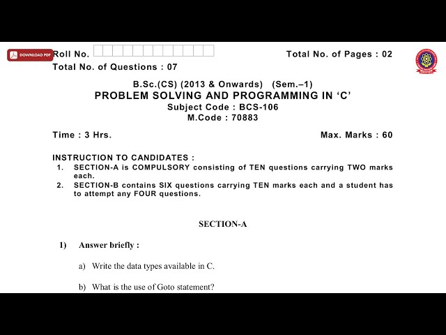 BSC 1ST SEM CS PROBLEM SOLVING AND PROGRAMMING IN C NOV 2019 | PTU