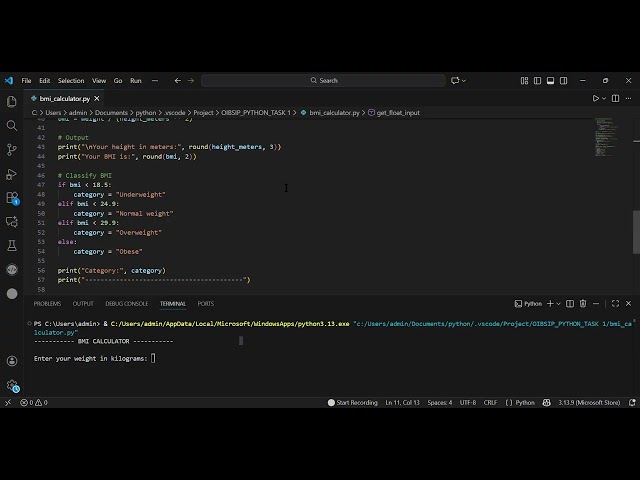 OIBSIP Python Task 1 – BMI Calculator | Oasis Infobyte Internship Project | Python Beginner Project