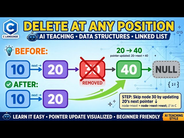 Deletion at Any Position in Linked List in C | Step-by-Step Explanation with Dry Run | DSA