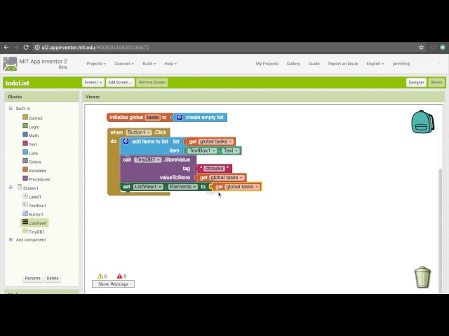 TinyDB in App Inventor: To Do List