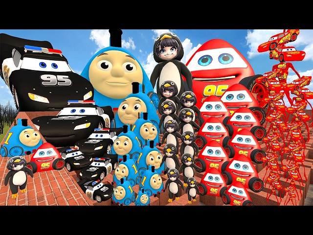 All Size Tiny To Giant Pou Lightning Mcqueen Thomas Train Siren Head Gugu Gaga Penguin in Maze EP 12