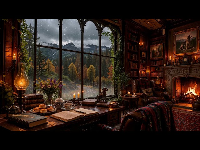 Cozy Autumn Mountain Path Library 🍁: Rainy Day, Celtic Fiddle Music & Fire | Dark Academia