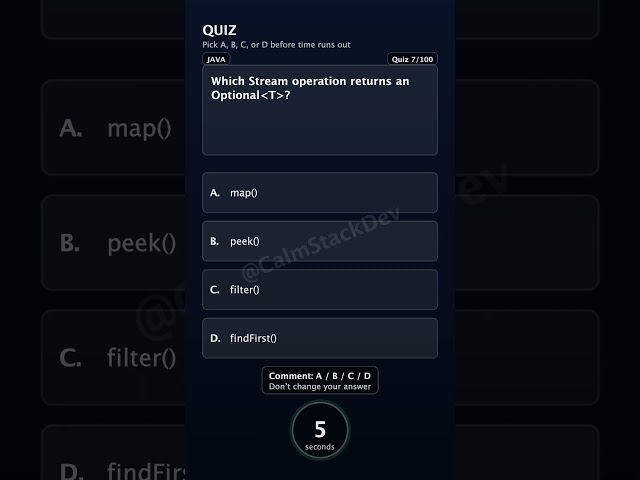 Quiz - 007 | Which Stream operation returns an Optional? | #shorts #java #quiz