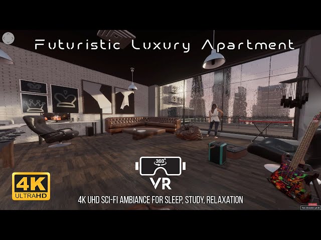 360 VR Luxury Futuristic Apartment. Rain and Soothing Piano. Sci-Fi Ambience for Study, Relaxation