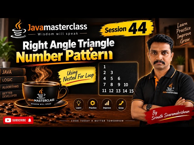 Right Angle Triangle Number Pattern- Java Nested For Loop | Session 44 | JavaMasterclass