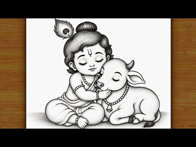 Krishna Janmashtami drawing | Krishna with cow outline pencil drawing | drawing pictures | Chitra 