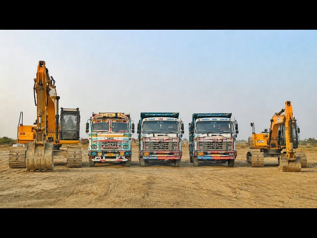 New Yellow 🟡JCB 3Dx Backhoe Machine Loading Mud in 5 TATA Truck 🚚 & Mahindra Tractor Trolley 