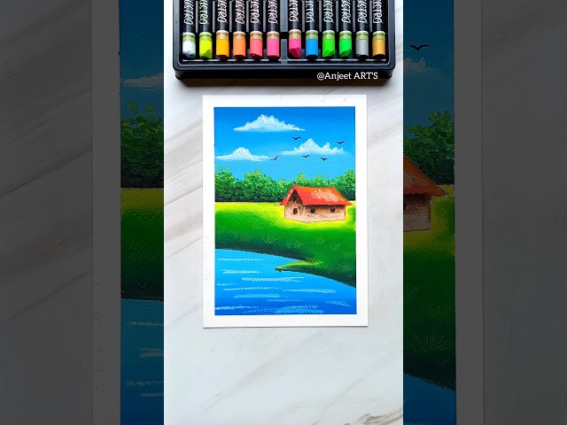 🏡 Easy Village Scenery Drawing | Oil Pastel Step-by-Step Tutorial #Shorts