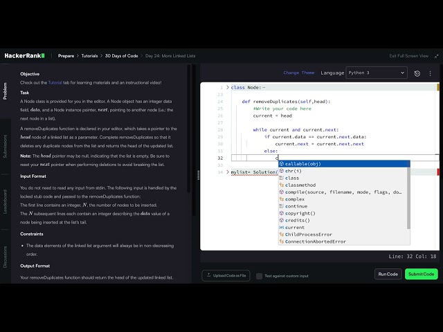 HackerRank Python 30 Days of Code - Day 24: More Linked Lists