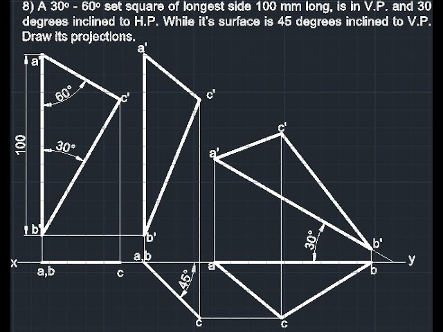 Projections of Planes - 30ᵒ - 60ᵒ Set square of 100mm is in VP, 30 degrees to HP & 45 degrees to VP.