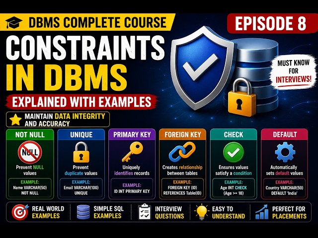 Constraints in DBMS Explained | Primary Key, Foreign Key, NOT NULL, UNIQUE, CHECK & DEFAULT | #8