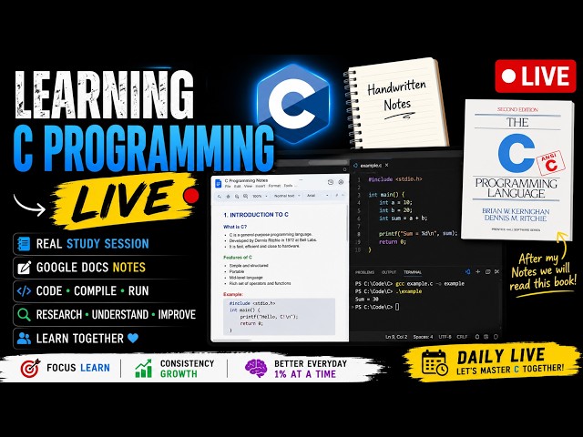 🔴 LIVE | Learning C Programming from Scratch | Study With Me