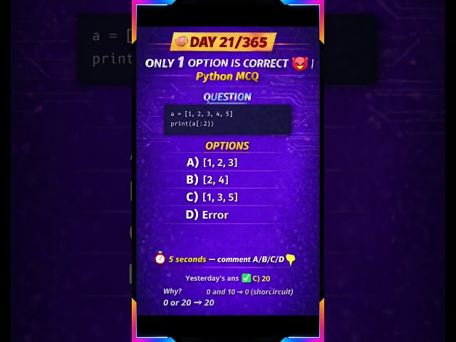 DAY 21/365 😈 ONLY 1 OPTION IS CORRECT | Python MCQ #python #pythonmcq #shorts #ytshorts #day21of365