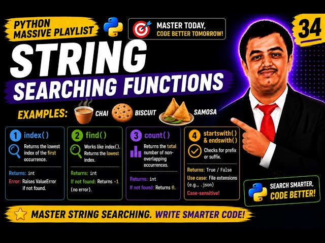 Python video 34🐍 String Searching Functions in Python 🚀 | index(), find(), count()