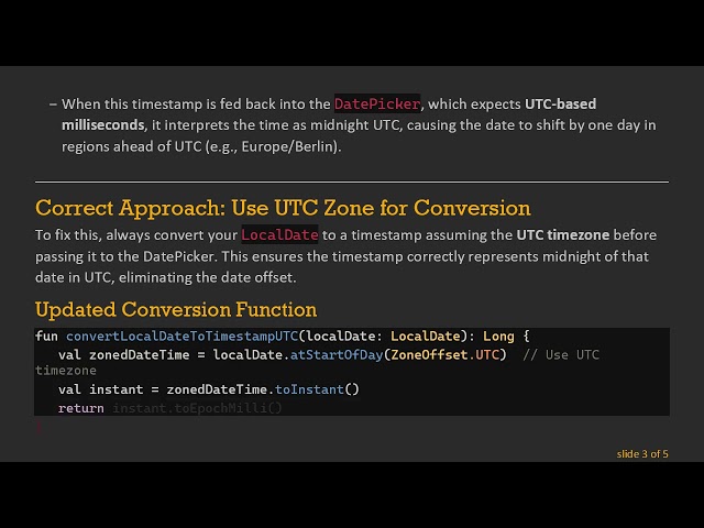 Fixing LocalDate to Timestamp Conversion for Android Kotlin DatePicker in UTC