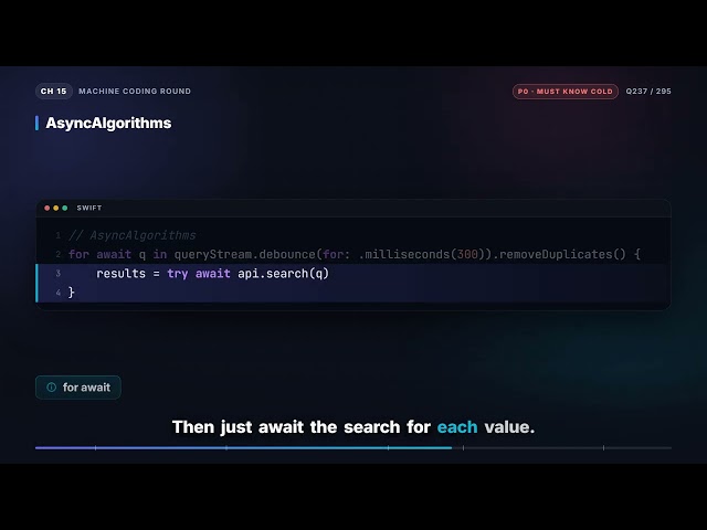 Task: Debounced search with cancellation (the sub-problem they extract) | iOS Interview Q237