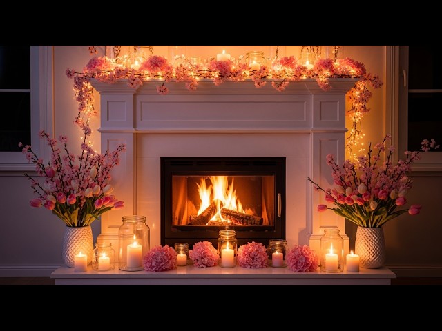 4K Cozy Spring Fireplace ASMR🌸🌷Cherry Blossom & Candlelight Ambience for Sleep Warm Ambience
