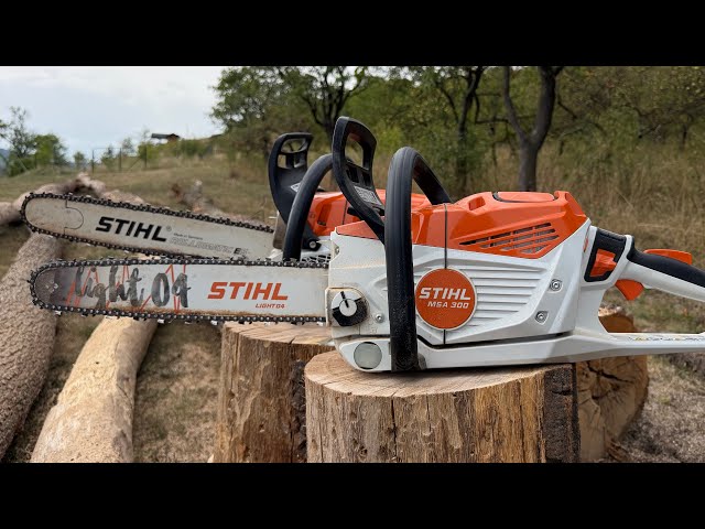 Cutting firewood with Stihl MS 462-C and Stihl MSA-300 battery and gas side by side.
